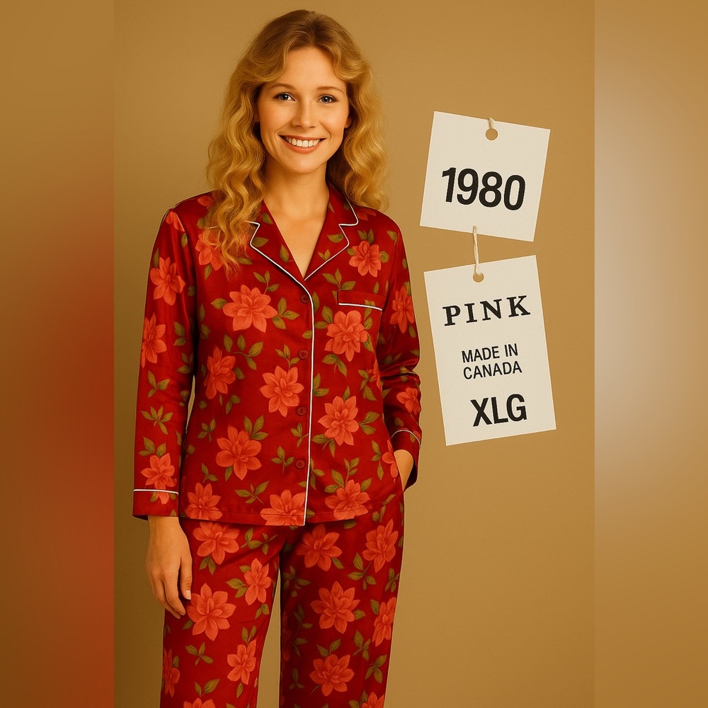 🌹 Vintage 1980s PINK Floral Satin Pajama Set – Made in Canada – Size XL 🌹